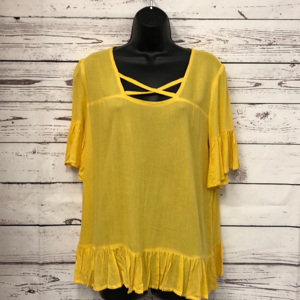 RETHM yellow criss cross‎ ruffle blouse available in various sizes KT3597EY